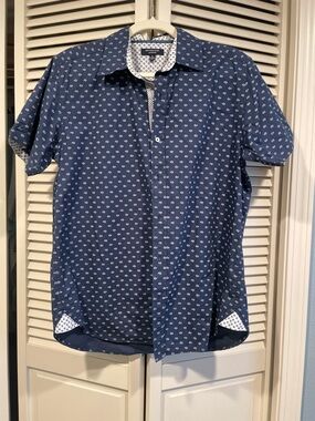 Men's Navy Blue Short-Sleeve Button-Down Shirt with Micro Print - Unisex!